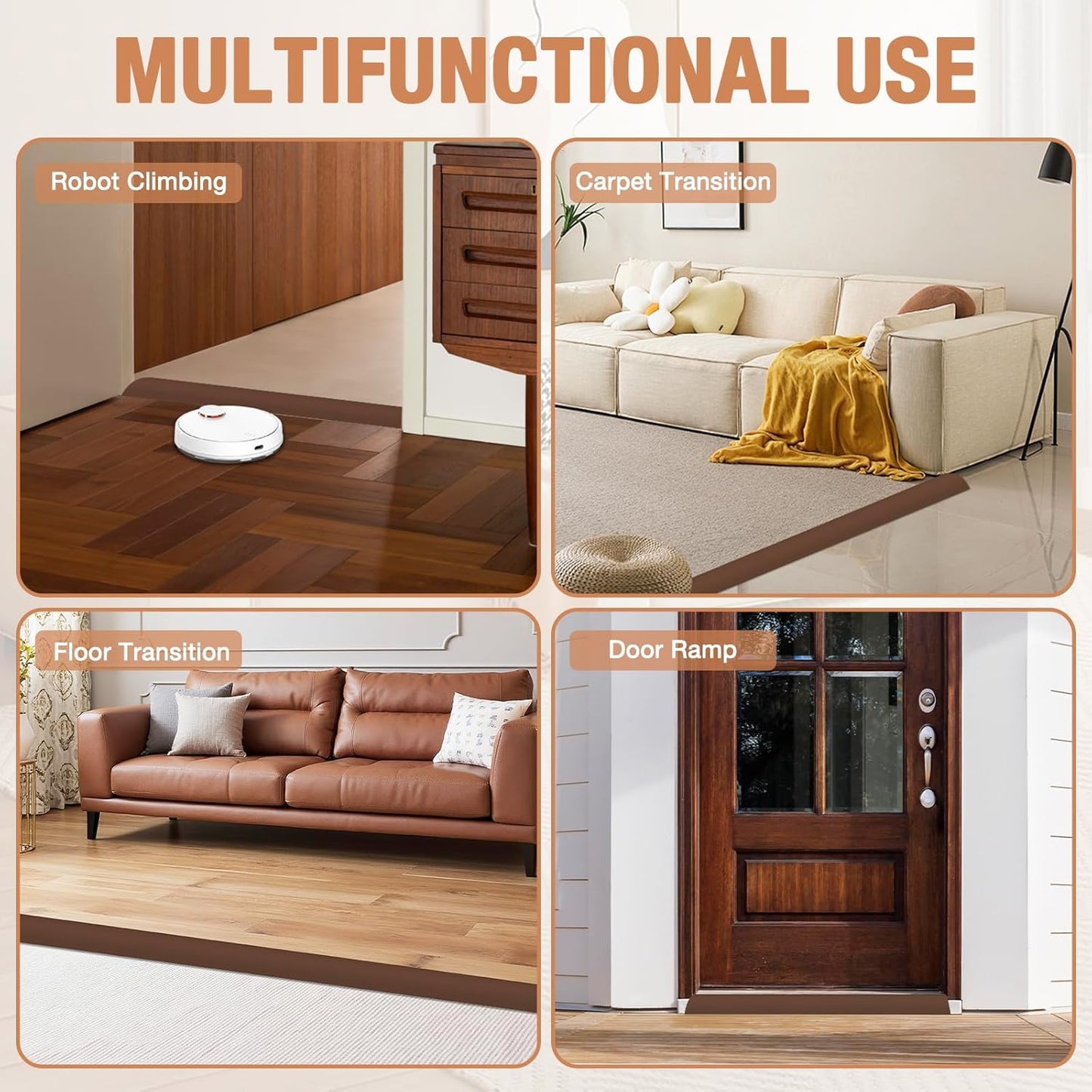 Floor Transition Strip Self Adhesive Vinyl Door Threshold for Doorways Carpet Edging Trim Overlap Edge Reducer for Laminate Floor, Carpet, Tile (Brown, 3/5" to 4/5", 6.6Ft)