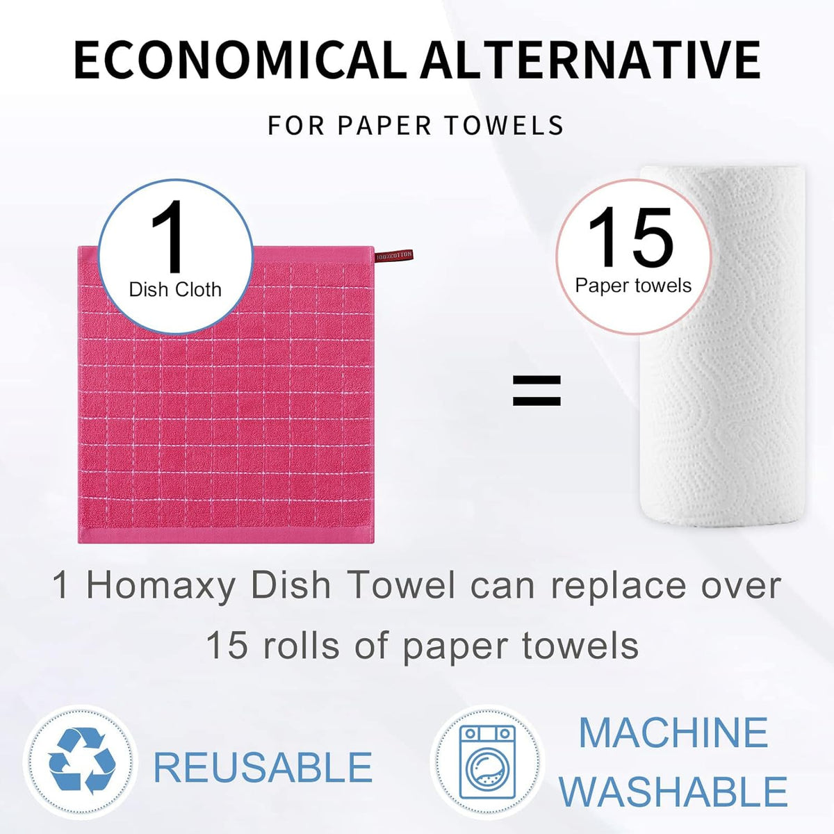 Homaxy 100% Cotton Terry Kitchen Dish Cloths, Ultra Soft and Absorbent Dish Towels for Kitchen, Suitable for Drying and Washing Dishes, 8 Pack, 12 x 12 Inches, Rose Red