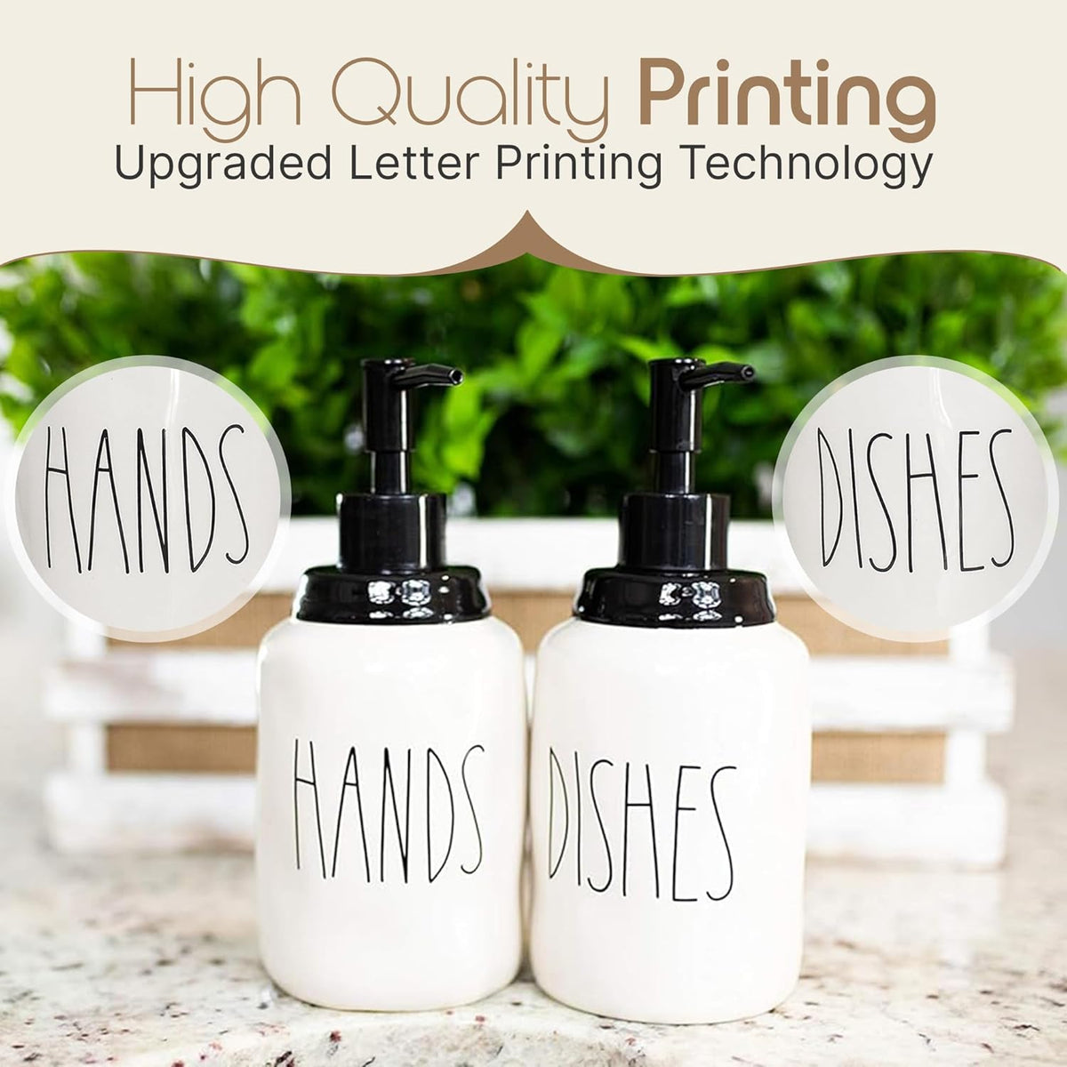 Modern Farmhouse Ceramic Dishes and Hands Soap Dispenser Set for Kitchen | Stainless Steel Pumps | 14oz, White Bottles | Kitchen Décor for Counter