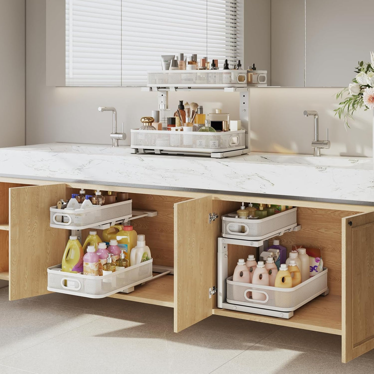 1 Pack 15.7IN-Depth Under Sink Organizer With Smooth Cylindrical Rail,2-Tier Pull Out Multi-Purpose Cabinet Storage for Bathroom&Kitchen,Height Adjustable,Rust-resistant Coating-White