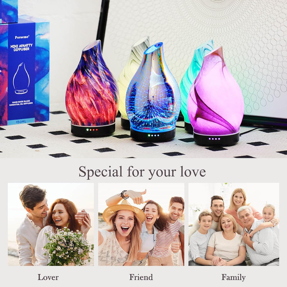 Porseme 150ml Essential Oil Diffuser Glass Color Changing Aroma Air Diffusers Aromatherapy Ultrasonic Cool Mist Humidifier 6 Running Hours Waterless Auto-Off for Sleeping Yoga Office Spa (Mini Blue)