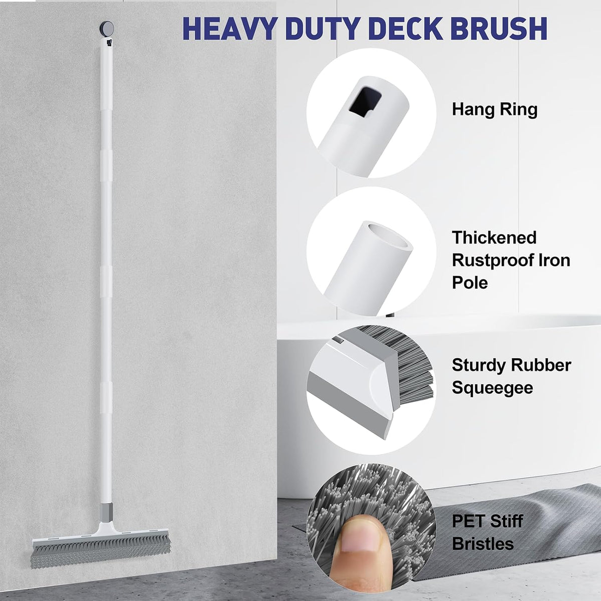 Floor Scrub Brush with 60 inch Long Handle, 2 in 1 Heavy Duty Stiff Bristle Floor Scrubber Brush and Scraper for Cleaning Shower, Tile, Bathroom, Kitchen, Deck, Garage, Patio
