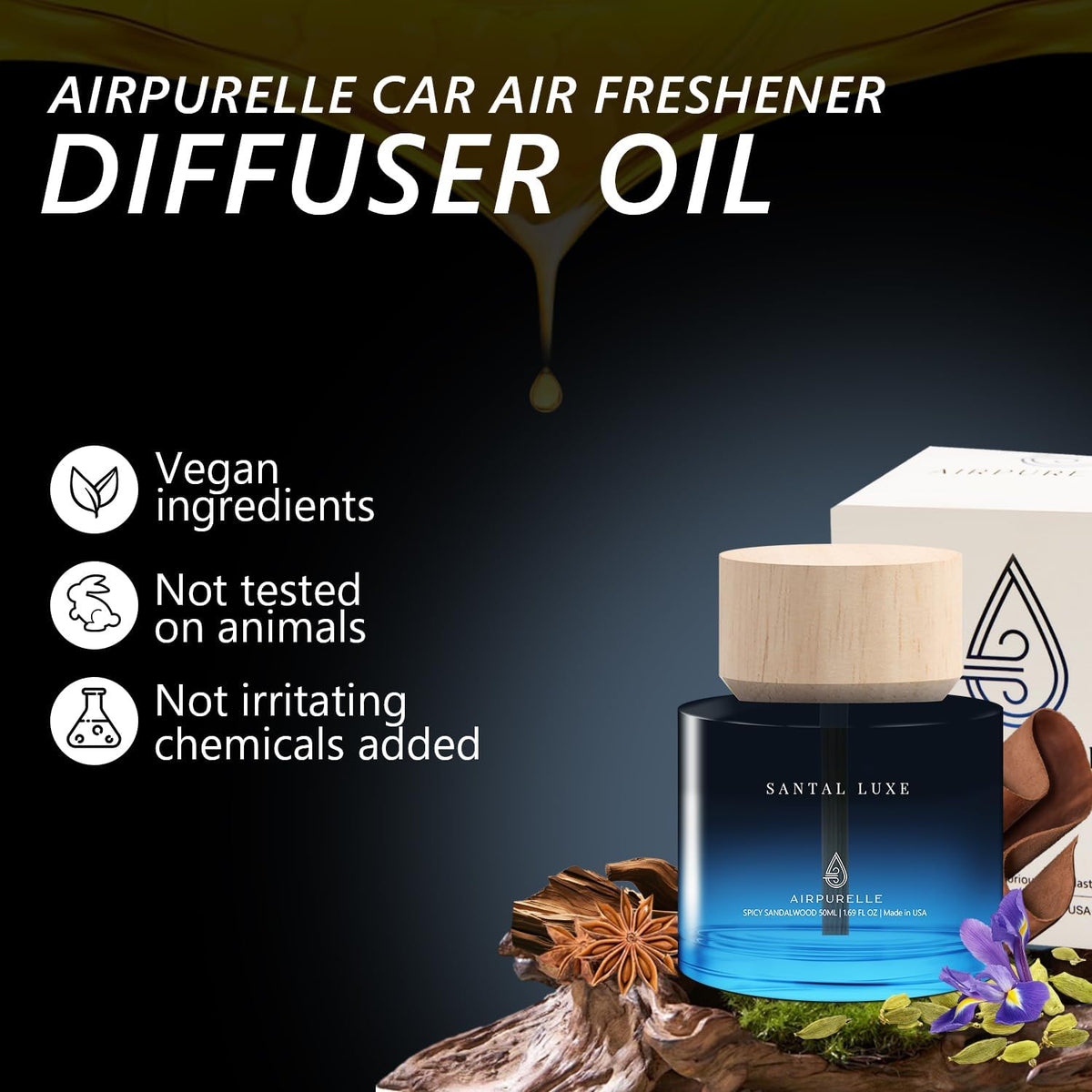 Car Air Freshener for Men & Women – Long-Lasting Spicy Sandalwood Essential Oil Diffuser for Car Cup Holder – 50ML (1.7 FL OZ) Car Scent Diffuser, Inspired by Perfume – Made in USA