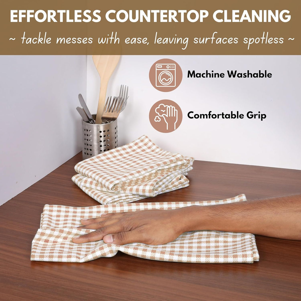 Native Fab 6 Pack Gingham Mini Check Kitchen Hand Towels Set - 100% Cotton Absorbent Reusable Washable 16"x26" - Quick Drying Dish Towels with Hanging Loops for Kitchen, Home, Bar, Beige White