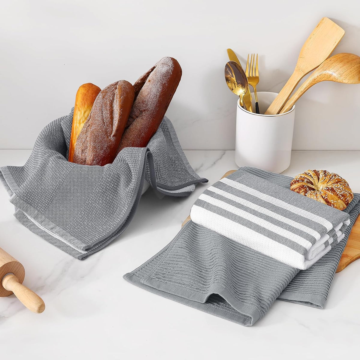 Homaxy Premium Kitchen Towels(18”x 28”, 12 Pack), Large Cotton 380 GSM Kitchen Hand Towels, Soft and Absorbent Terry Dish Towels, Multipurpose Tea Towel Set with Hanging Loop, Grey