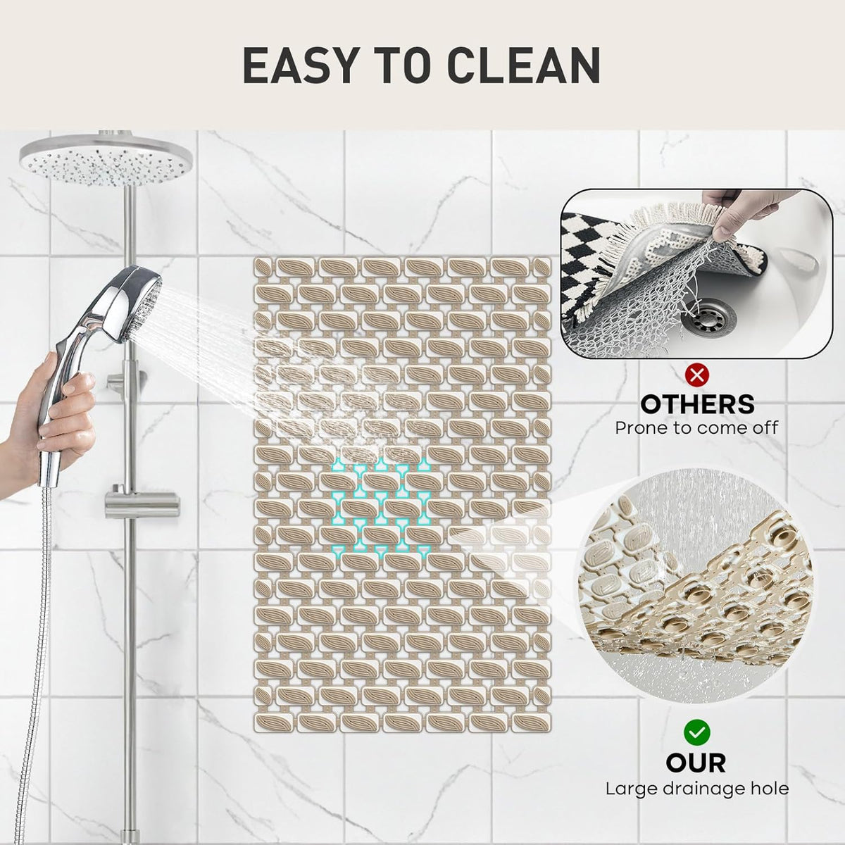 Shower Mat Non Slip Bathtub Mat, 27 x 16 Inch Eco-Friendly Soft Bath Mat for Tub Non Slip Shower Mats for Inside Shower with Suction Cups and Drain Holes, Easy to Clean Quick-Drying, Brown