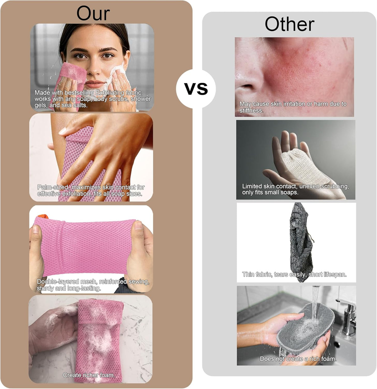 2 Pack Soap Bag Gentle Roughness,Bar Soap Pouch Saver Pocket,Body Scrubber Shower Sponge Loofah,Exfoliating Bath Sponge (Pink)