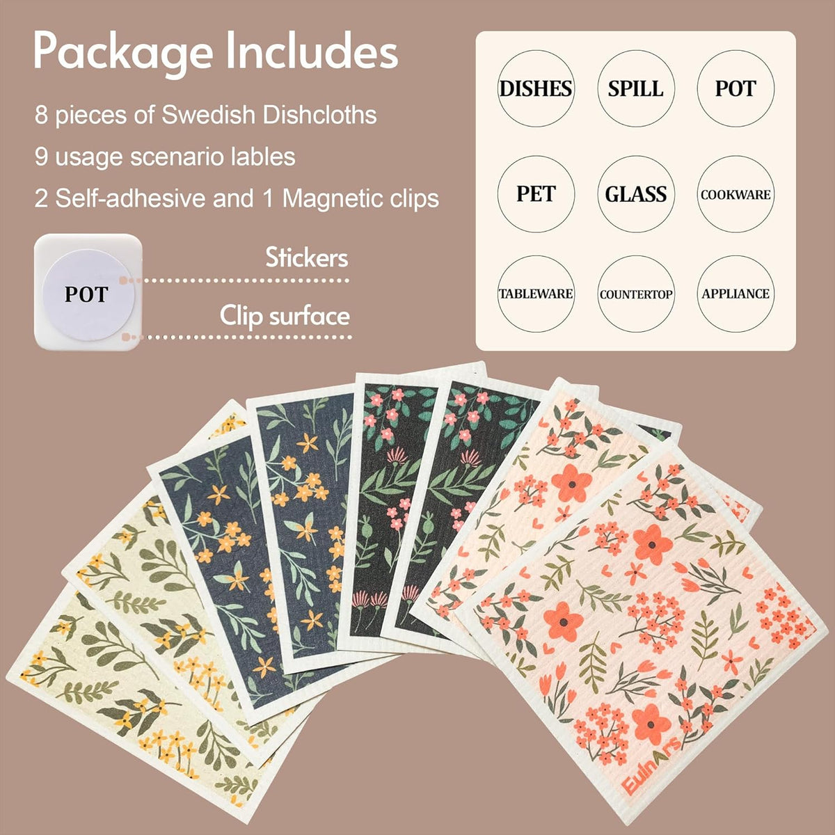 Reusable Paper Towels, Swedish Dishcloths for Kitchen 8-Pack, Non-Scratch Swedish Dish Towels, Super Absorbent Cellulose Dish Cloths, Eco Friendly Gifts