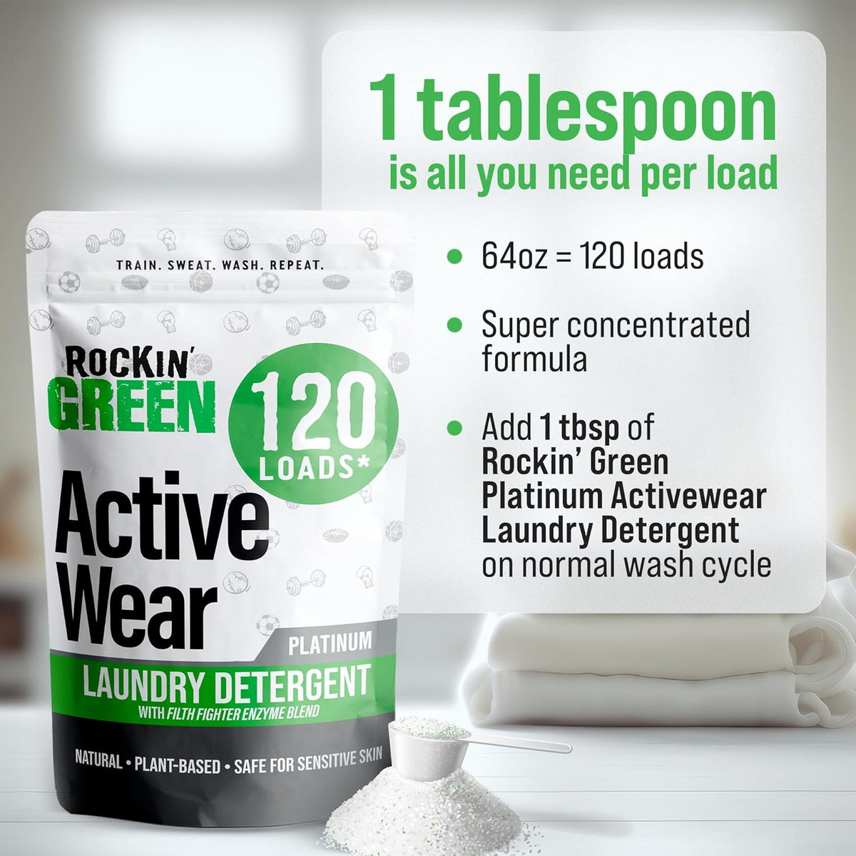 Rockin' Green Laundry Detergent, Plant based, All Natural Laundry Detergent Powder, Vegan and Biodegradable Odor Fighter, Safe for Sensitive Skin (Active Wear 120 Loads - Unscented)