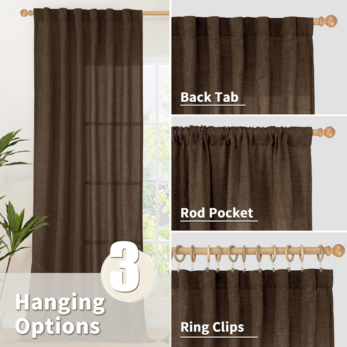 YoungsTex Brown Linen Curtains for Living Room 72 Inches Long, Semi Sheer Window Drapes with Back Tab Rod Pocket Light Filtering Lightweight for Bedroom Office Farmhouse, 2 Panel, 42 X 72 Inch