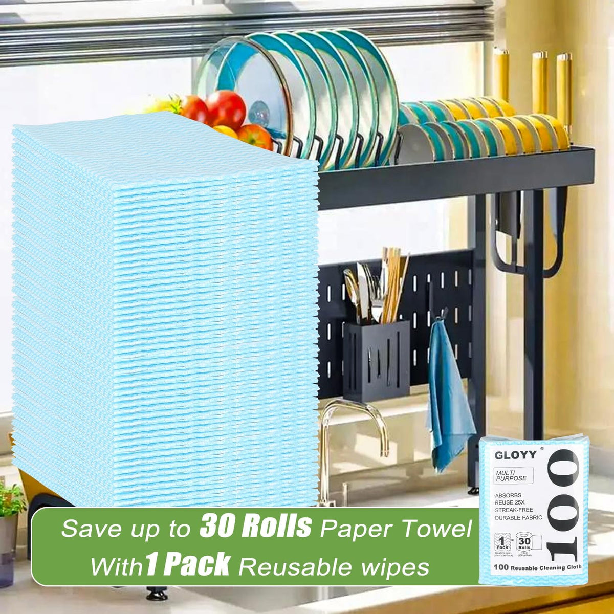 100 Count Disposable Cleaning Towels and Dish Cloths,Super Absorbent Dishcloths,Multi-Surface Cleaning Wipes for Kitchen Dishes, Windows, Bathroom (Blue)