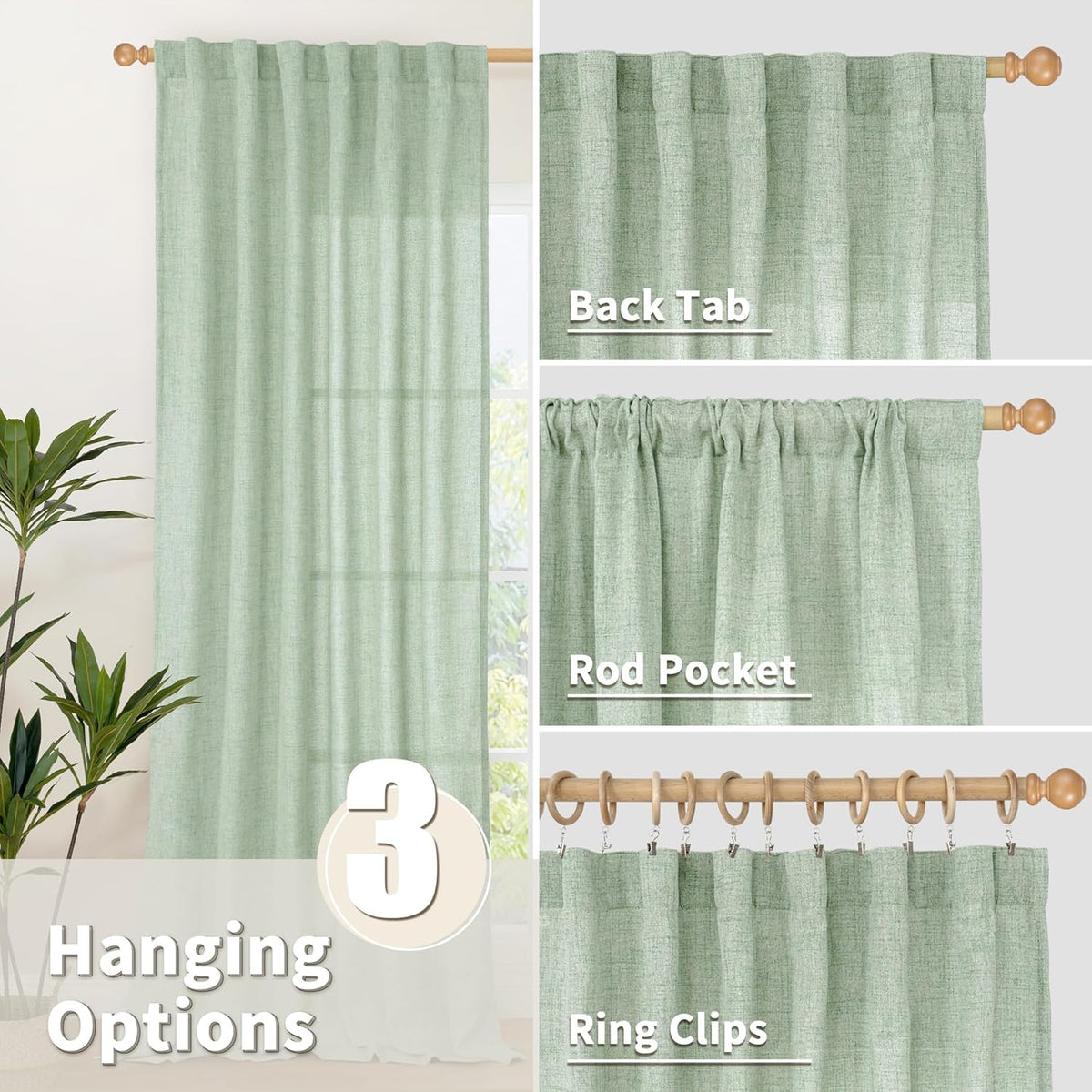YoungsTex Sage Green Curtains 80 Inch Length for Living Room, Semi Sheer Linen Drapes Light Filtering with Back Tab Rod Pocket for Bedroom Office Spring Window Treatments, 52 X 80 Inch, 2 Panels