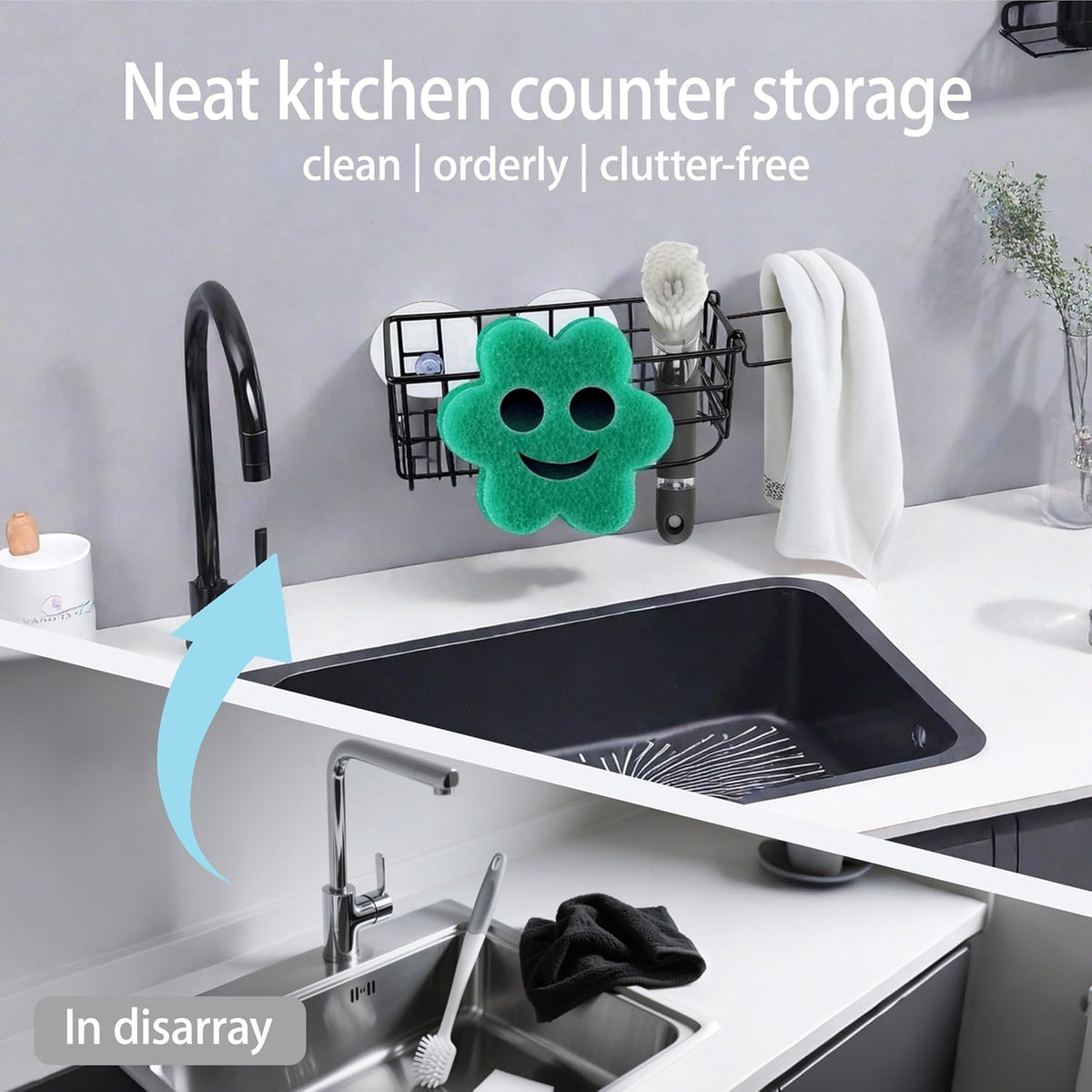 Sponge Holder Smile Face with Dish Cloth Hanger for Kitchen Sink, in-Sink Caddy Organizer with Suction Cups & Adhesive Strips, Rustproof Sponge Rack for Soap, Brush, Scrubber - Black(2 Pack)
