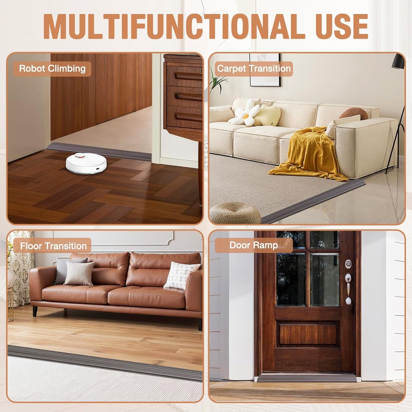 Floor Transition Strip Self Adhesive Vinyl Door Threshold for Doorways Carpet Edging Trim Overlap Edge Reducer for Laminate Floor, Carpet, Tile (Grayish Brown Wood Grain, 1/5" to 2/5", 10Ft)