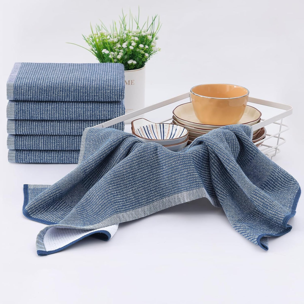 Homaxy Premium Kitchen Towels(18”x 28”, 8 Pack), Large Cotton Kitchen Hand Towels, Flat and Terry Dish Towels, 380 GSM Highly Absorbent Tea Towel Set with Hanging Loop, Navy Blue
