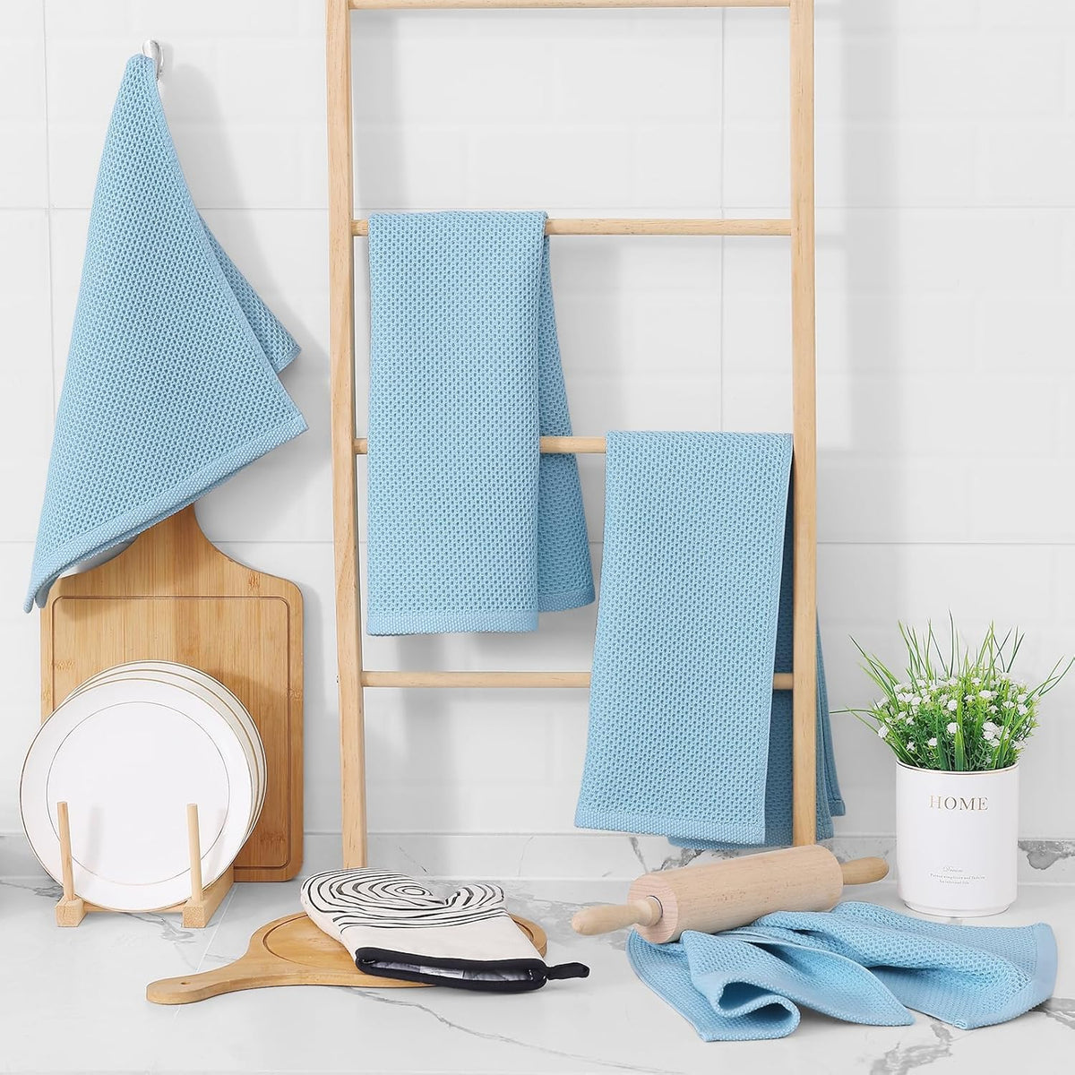 Homaxy 100% Cotton Waffle Weave Kitchen Dish Towels, Ultra Soft Absorbent Quick Drying Cleaning Towel, 13 x 28 Inches, 12-Pack, Sky Blue