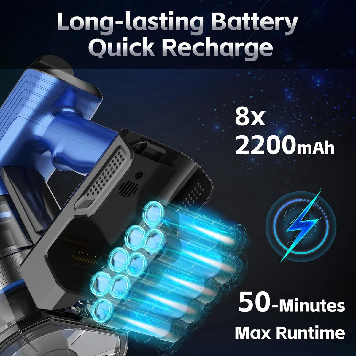 Cordless Vacuum Cleaner for Home, 45Kpa Lightweight Stick Vacuum with Powerful Suction, Rechargeable Battery Up to 50mins, Handheld Vacuum Cleaners for Carpets, Pet Hair,Hardwood Floors - Blue