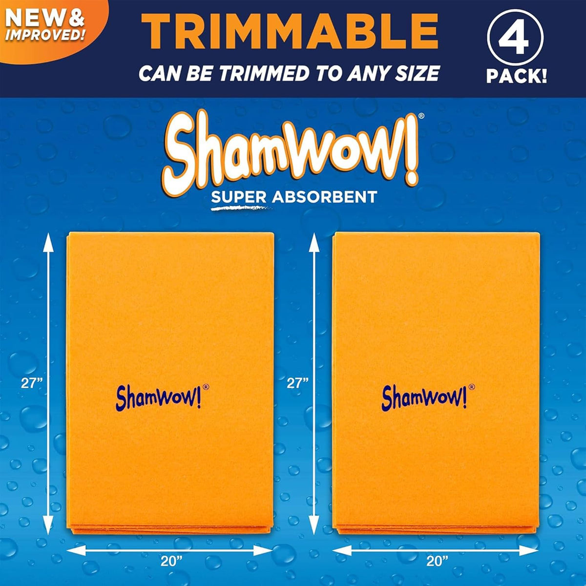 ShamWow Original Super Absorbent Multi-Purpose Cleaning Shammy Chamois Towel Cloth - Holds 10X its Weight in Liquid - Machine Washable - Will Not Scratch (4 Pack, Orange)