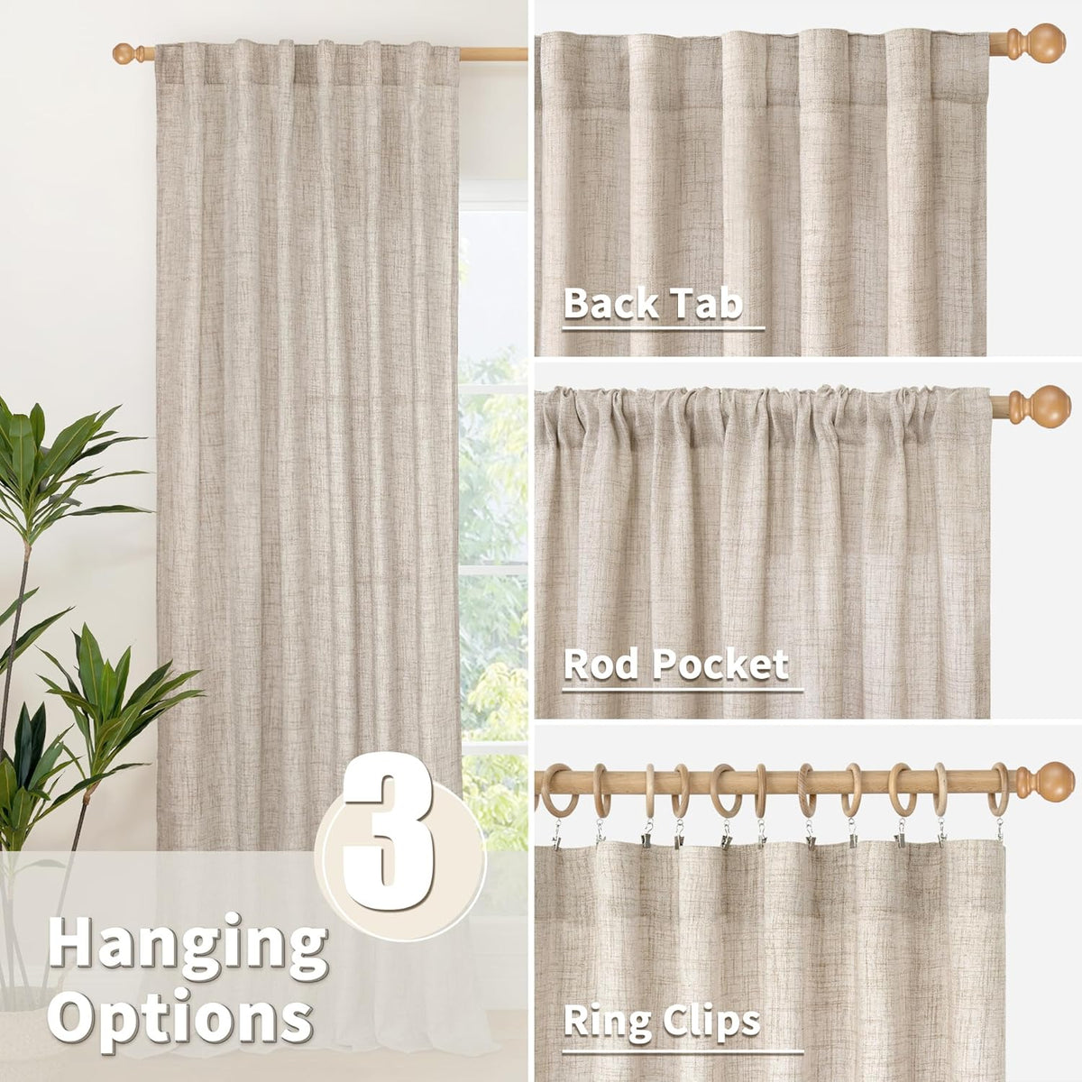 YoungsTex Short Linen Curtains 54 Inches Long for Living Room, Light Filtering Rod Pocket Burlap Textured Window Drapes with Back Tab for Kitchen Bedroom Bathroom Rustic, 52 X 54 Inch, 2 Panels