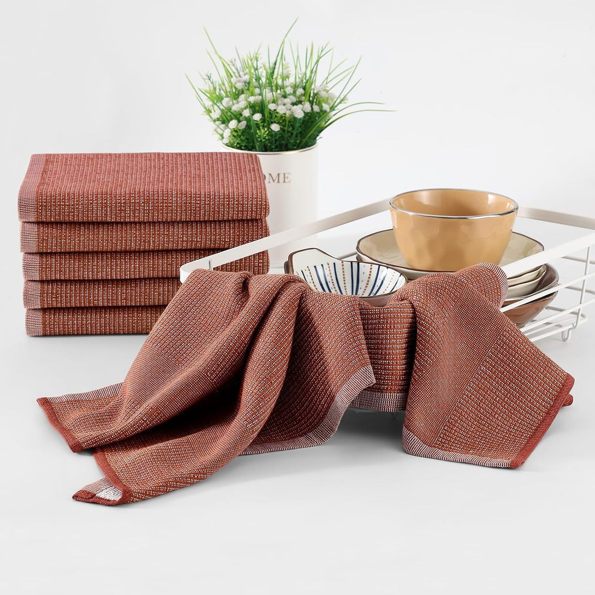 Homaxy Premium Kitchen Towels(18”x 28”, 8 Pack), Large Cotton Kitchen Hand Towels, Flat and Terry Dish Towels, 380 GSM Highly Absorbent Tea Towel Set with Hanging Loop, Rust