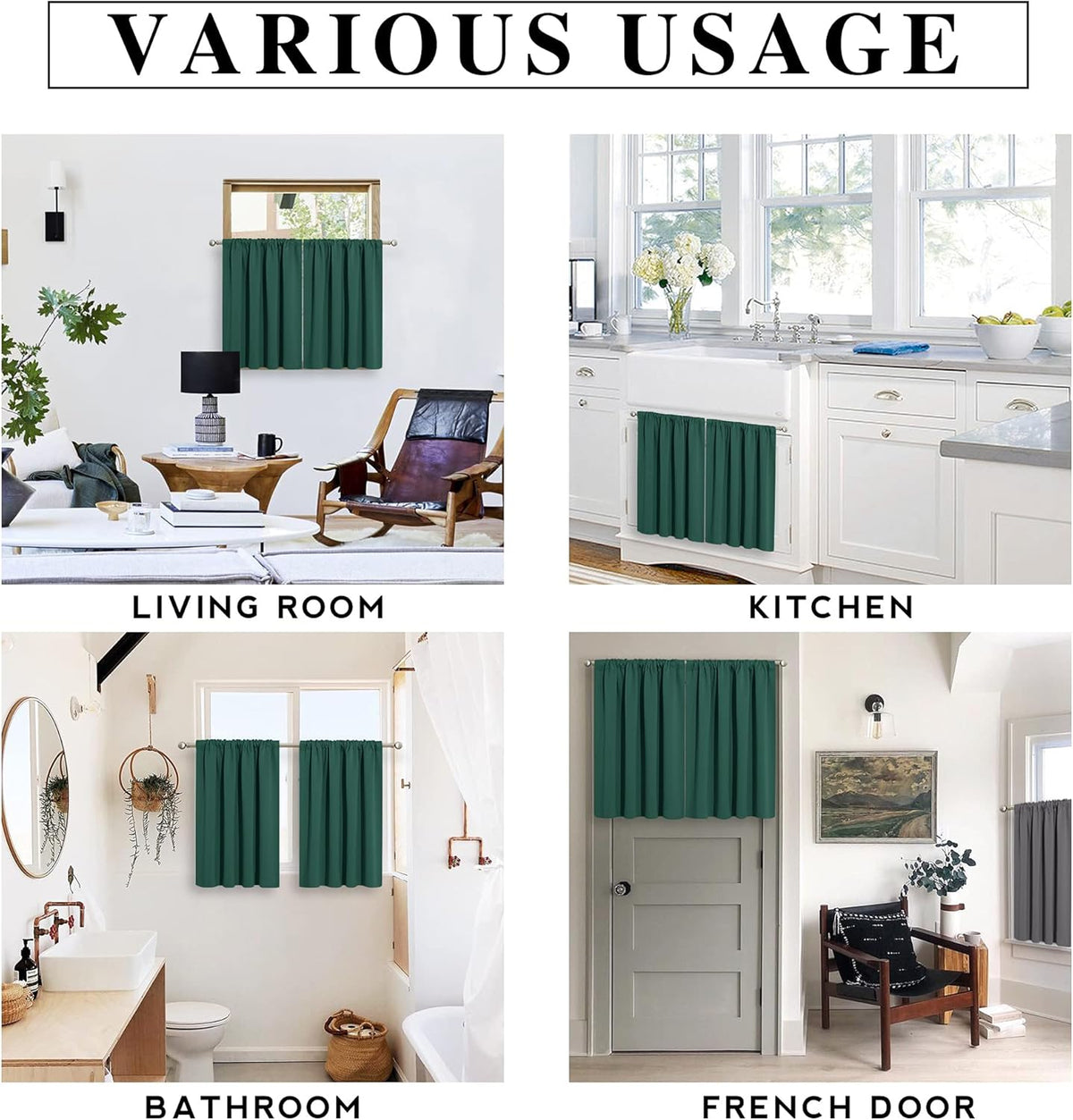 RYB HOME Blackout Curtains for Bathroom - Solid Light Block Blinds Privacy Light Block Drapes for Kitchen Cabinet Kids Nursery Bedroom Laundry Cafe Window Decor, W 42 x L 36, Hunter Green, 1 Pair