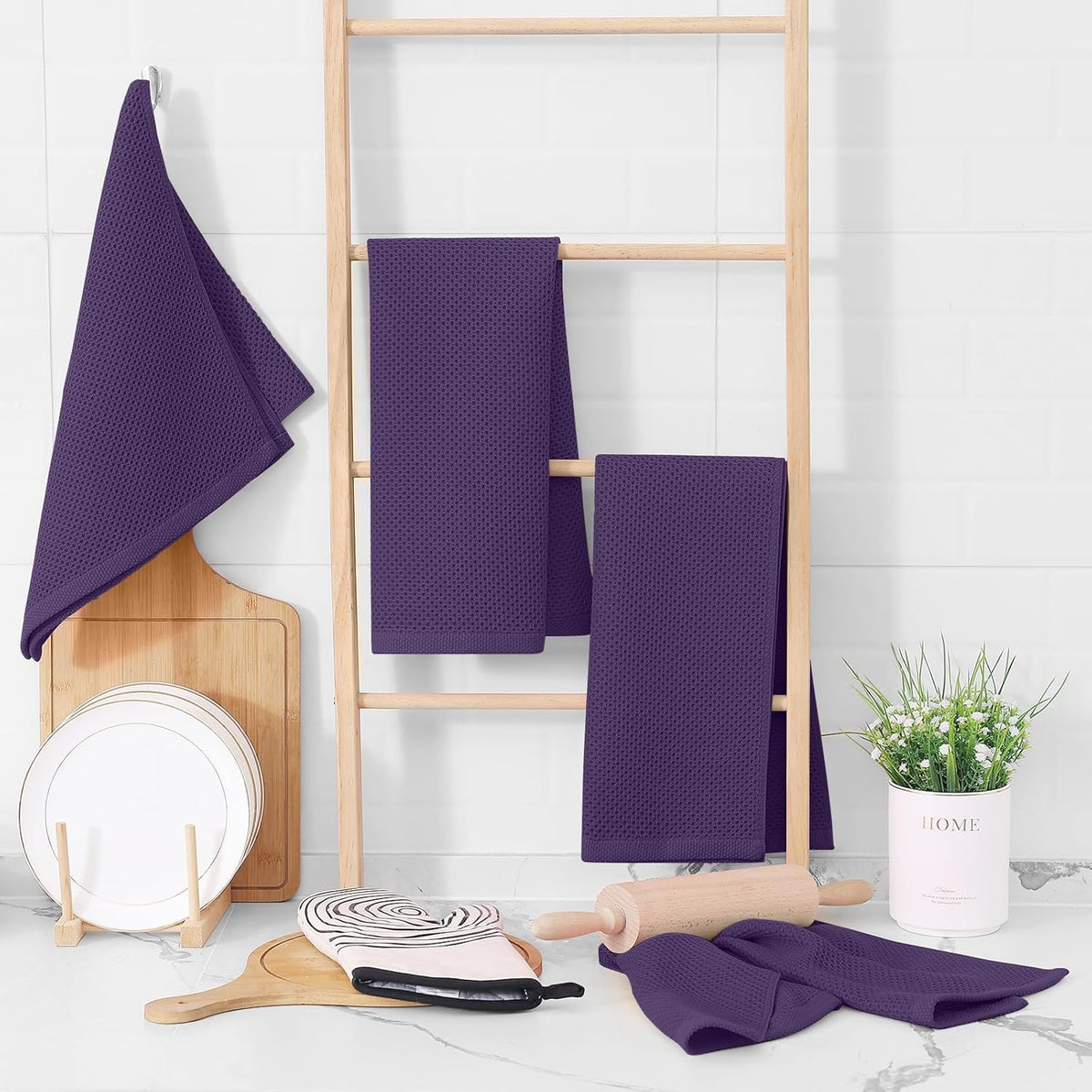 Homaxy 100% Cotton Waffle Weave Kitchen Dish Towels, Ultra Soft Absorbent Quick Drying Cleaning Towel, 13 x 28 Inches, 8-Pack, Eggplant