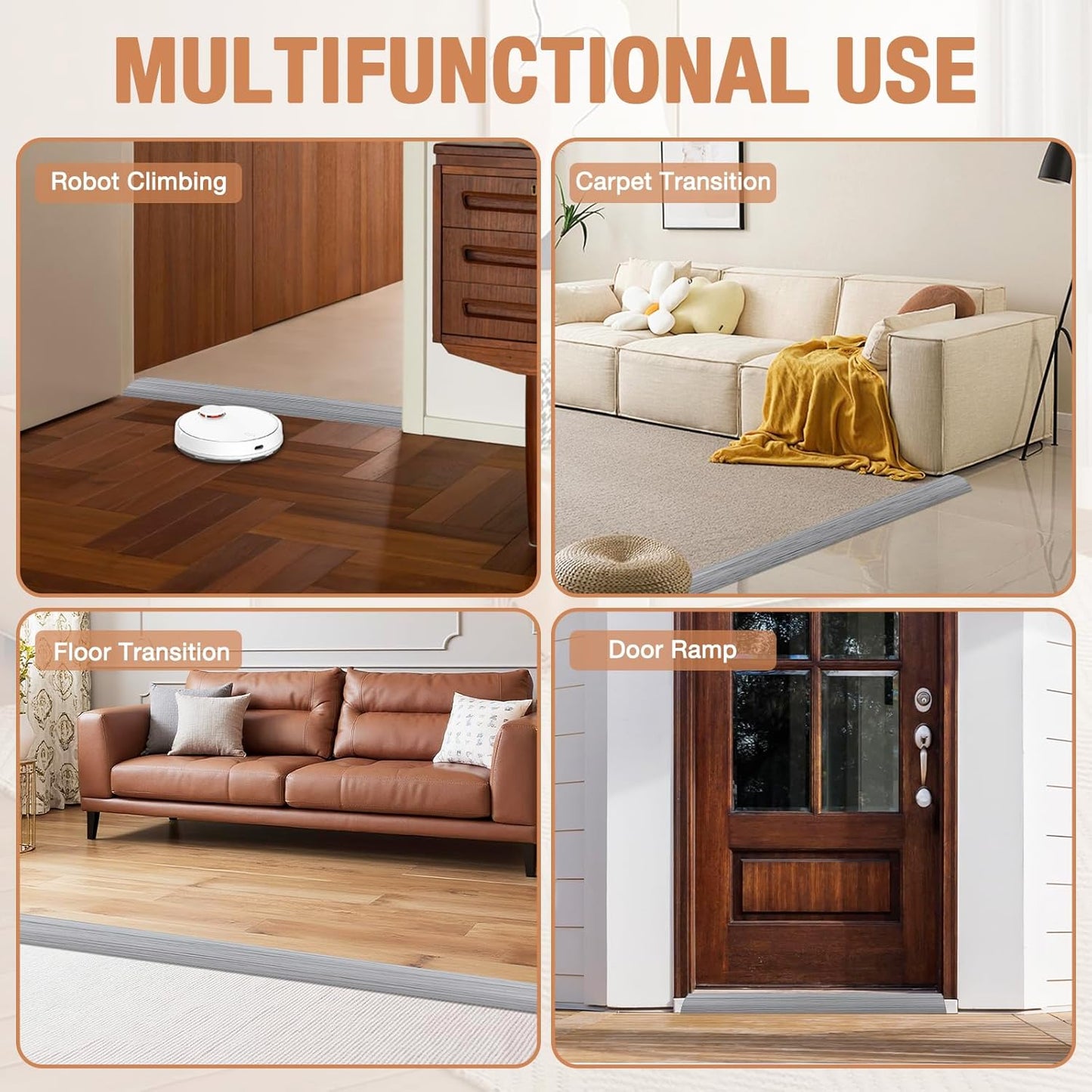 Floor Transition Strip Self Adhesive Vinyl Door Threshold for Doorways Carpet Edging Trim Overlap Edge Reducer for Laminate Floor, Carpet, Tile (Light Gray Wood Grain, 2/5" to 3/5", 10Ft)