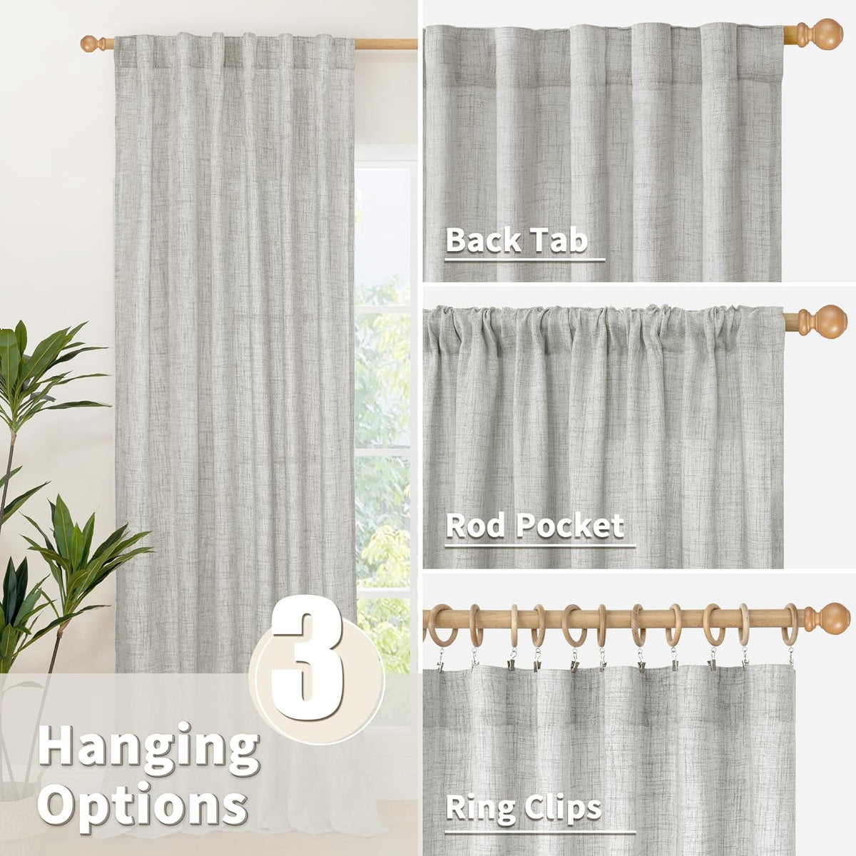 YoungsTex Light Grey Linen Curtains 63 Inch Length 2 Panels for Living Room, Back Tab and Rod Pocket Light Filtering Window Drapes for Bedroom Farmhosue Decorative Privacy, 60 X 63 Inch