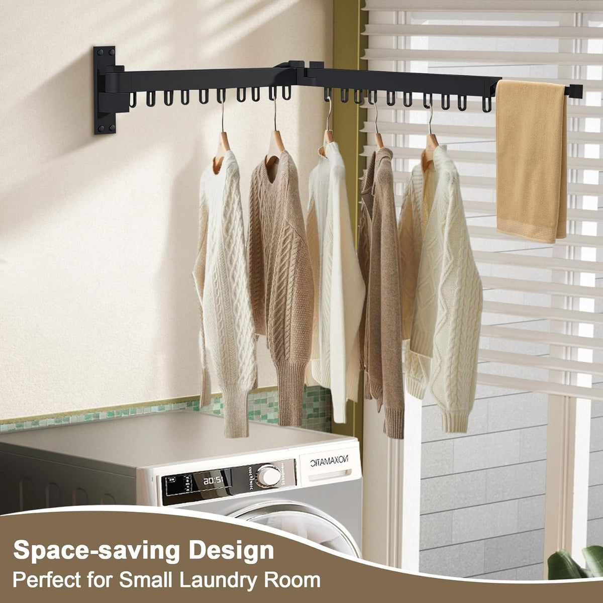 Bakala Clothes Drying Rack Foldable, Laundry Drying Rack Clothing Wall Mounted, Clothing Racks for Hanging Clothes, Heavy-duty Space Saving Hanger,Retractable,Expandable,Collapsible, 64" (Hooks,Black)