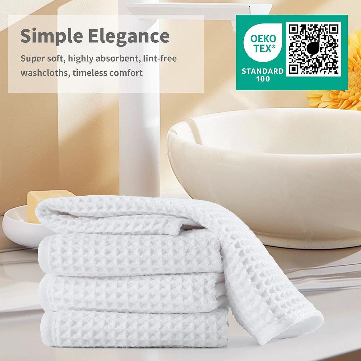 Microfiber Waffle Face Towels, 2 Pieces, Soft, Absorbent, Fast Drying, Lint Free (White)