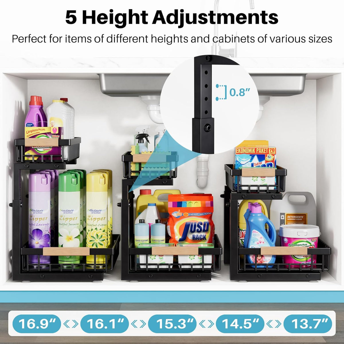 1 Packs 2 Tier Under Sink Organizers, Sliding Pull Out Cabinet Organizer Storage Shelf, Metal Drawer for Kitchen, Bathroom, Pantry Closet Organization Rack,Black