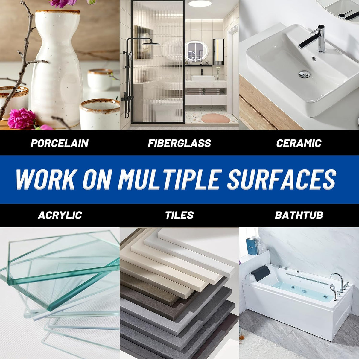 Fiberglass Repair Kit, Bathtub Repair Kit for Tile, Acrylic, Ceramic, Enamel, Kitchen Bathroom Fix Chips Cracks Scratches Rust Holes on Porcelain Sink, Tub, Toilet, Shower Tray, Granite, Marble, Deck