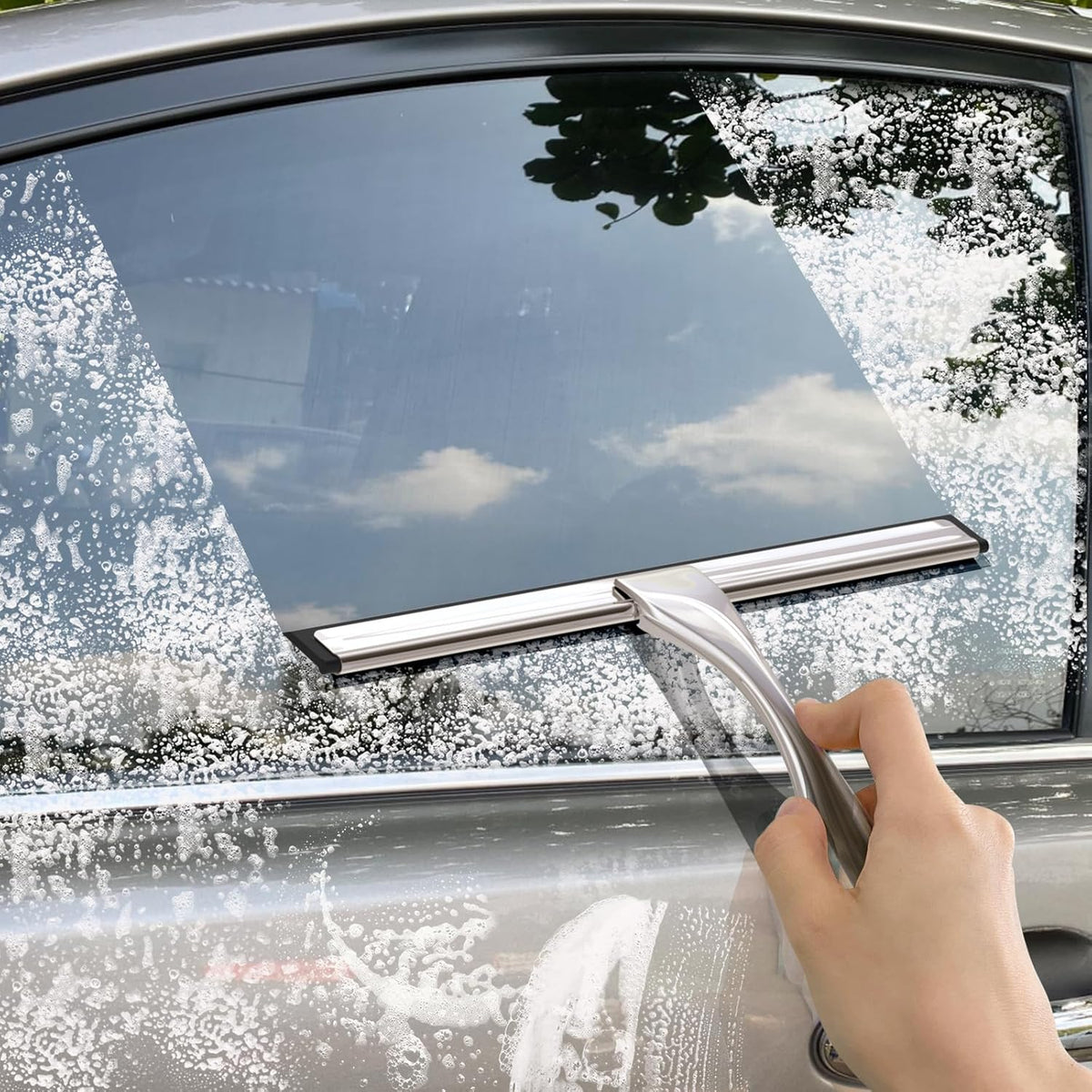 All-Purpose Stainless Steel Shower Squeegee for Glass Doors with Adhesive Hooks, Squeegee for Shower Glass, Bathroom Household Cleaner Tool for Window Mirror Tile Wall Car, 10 Inch Silver