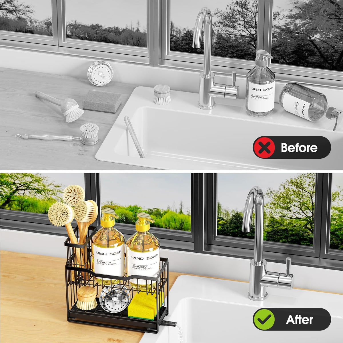 2-Tier Kitchen Sink Caddy with High Brush Holder&Self-Draining Tray,Rustproof&Non-Slip Sink Sponge Holder,Kitchen Countertop Storage Organizer,Soap Dispenser Storage - Black