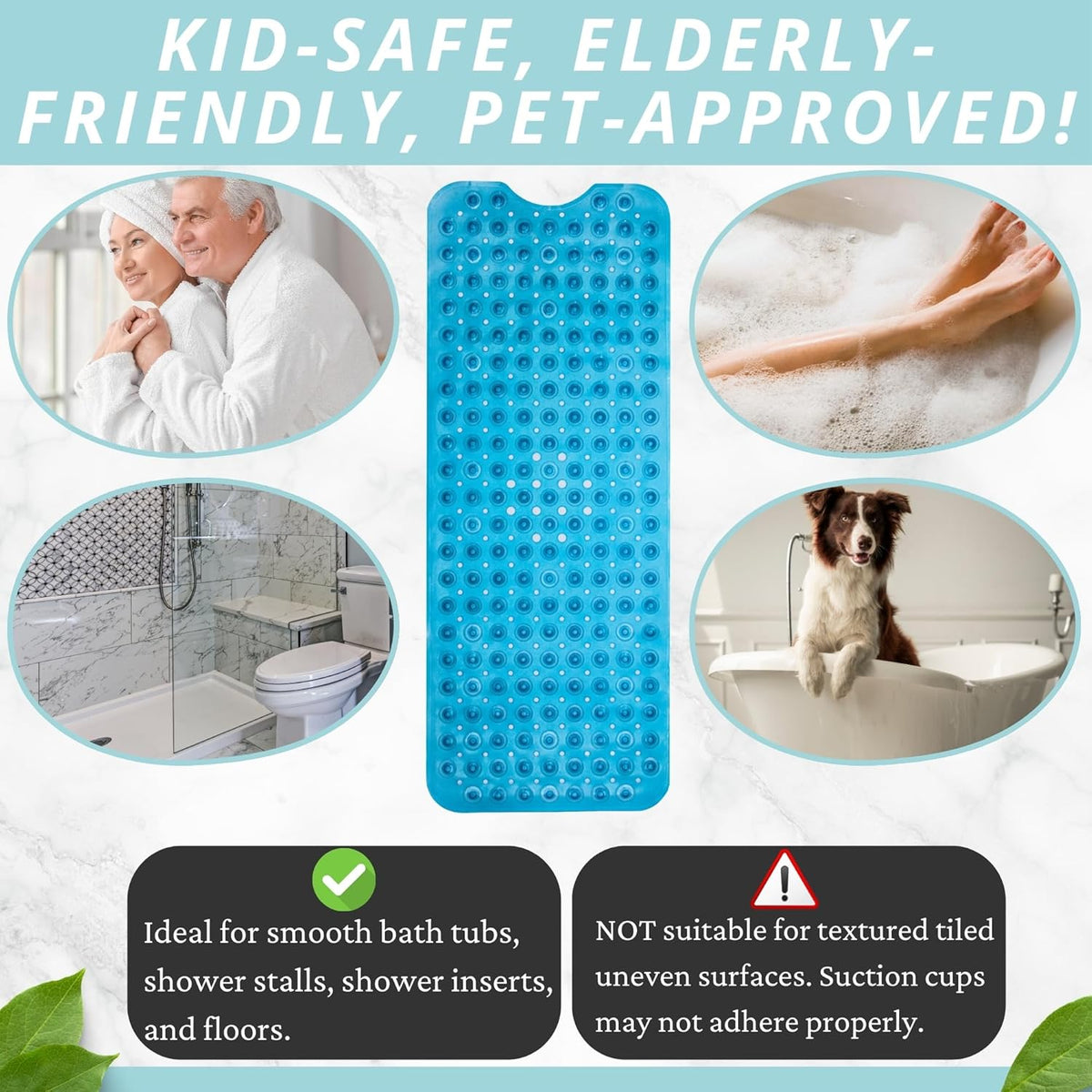 ENKOSI Bath Mat - Large Non Slip Bathtub & Shower Mat - Extra Long 40 x 16 Inch Bathroom Mats for Tub Nonslip Anti Slip Bathmats (40x16 Clear Blue 1-Pack)