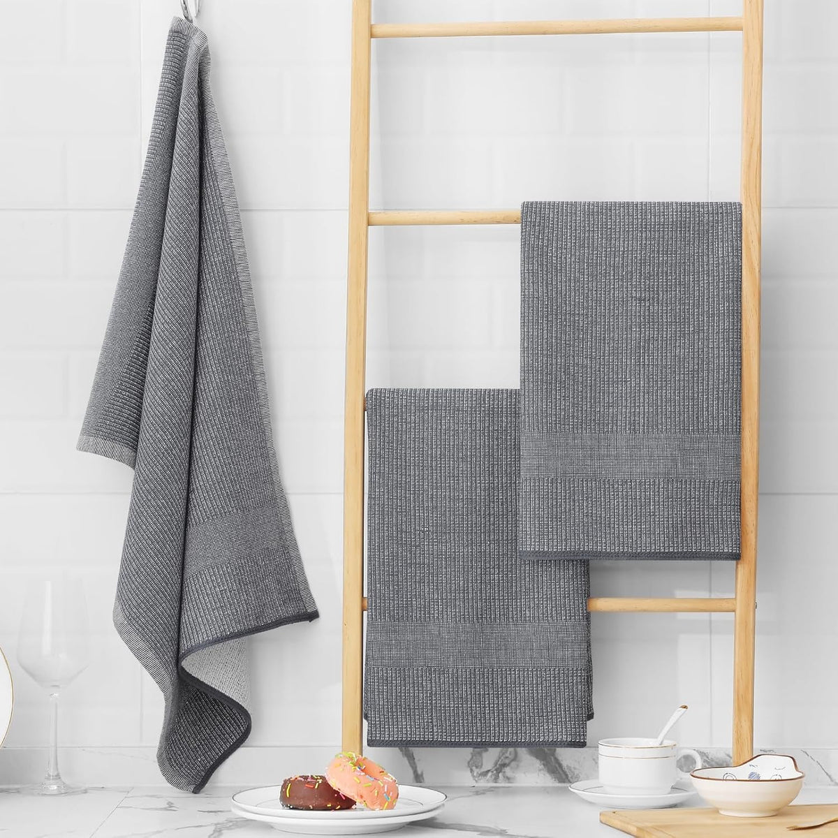 Homaxy Premium Kitchen Towels(18”x 28”, 12 Pack), Large Cotton Kitchen Hand Towels, Flat and Terry Dish Towels, 380 GSM Highly Absorbent Tea Towel Set with Hanging Loop, Grey
