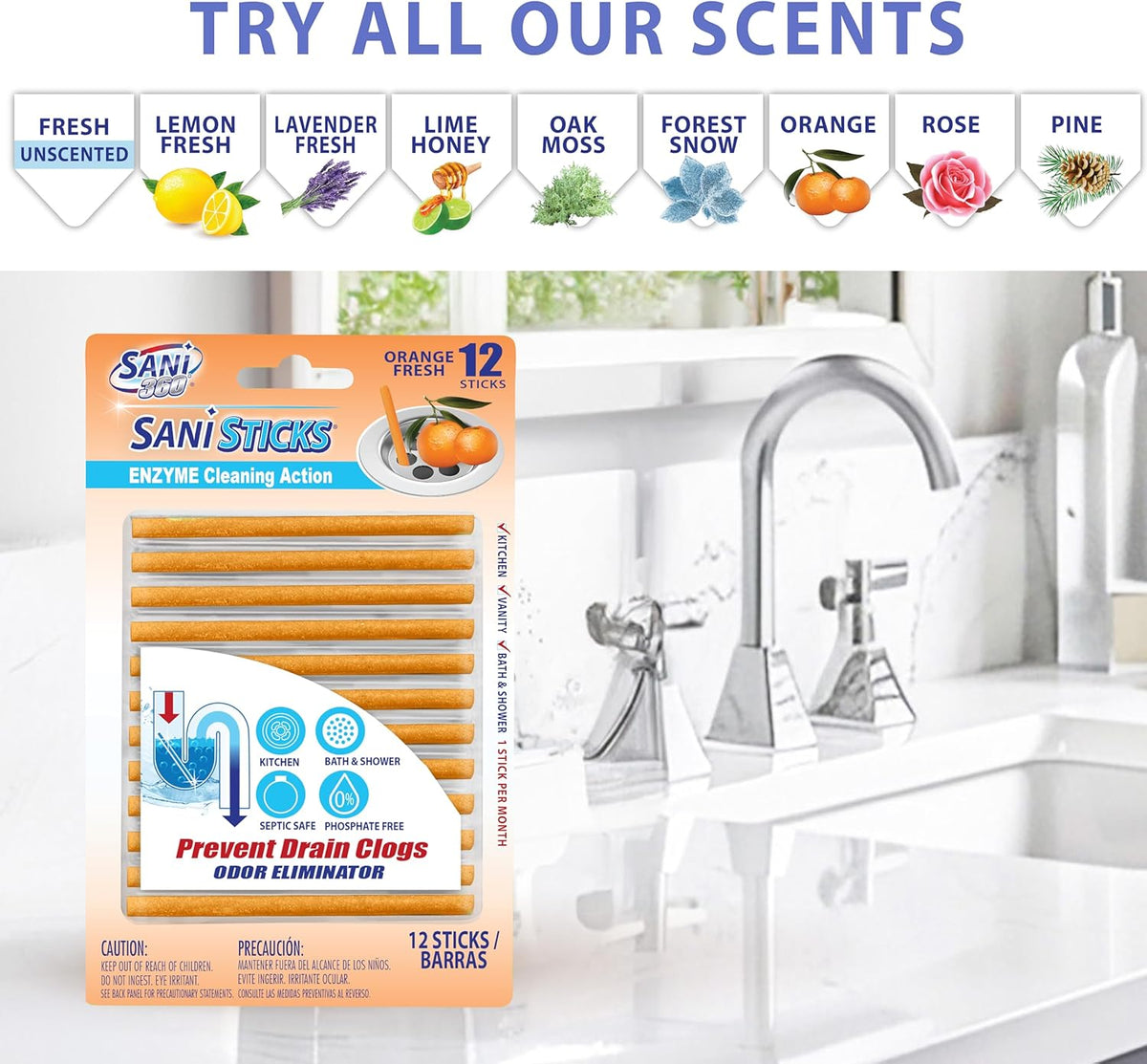 SANI 360° Sani Sticks Drain Cleaner and Deodorizer, 48 Count, Orange Scent Enzyme Pipe Cleaners, Eliminate Odors, Prevent Clogged Drains, Safe for Sinks, Bathtub Drains, Septic Tanks