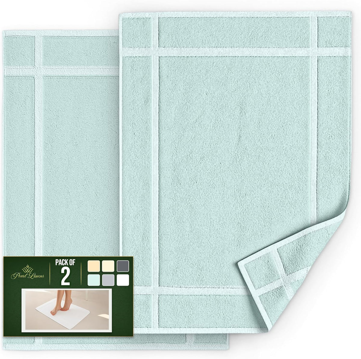 Pearl Linens Pack of 2 100% Cotton Bath Mat 18x25 inches, Soft & Absorbent Quick Dry Bathroom Mat Set, Not Bathroom Rugs, After Shower Mat, Bath Tub Mat, 687 GSM, Machine Washable, Mint Green