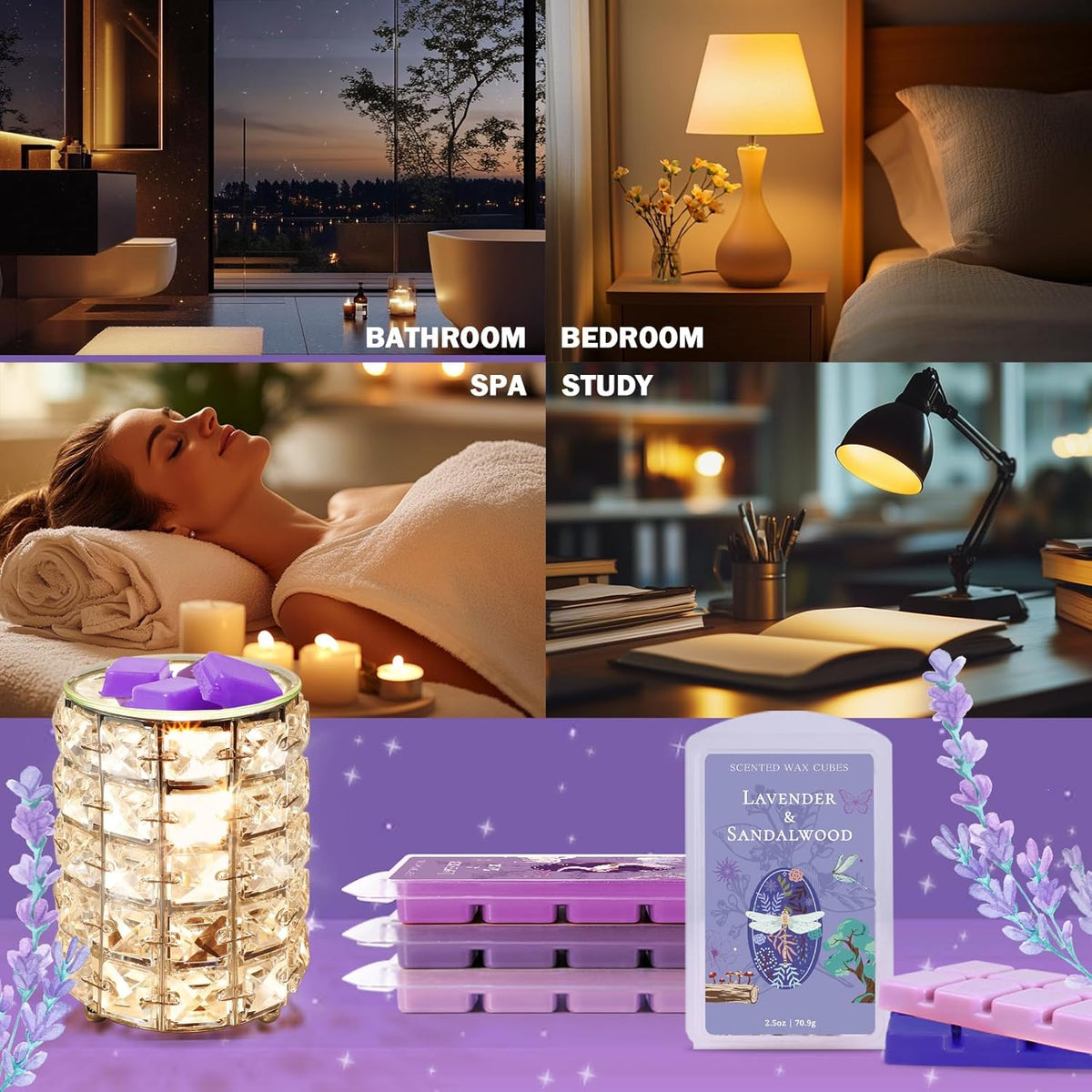 SCENTORINI Wax Melts, Wax Cubes Strong Scent, Long Lasting Lavender Scented for Sleep, Wax Melts for Warmer, 2.5 oz 4-Pack - Lavender & Gardenia, Sage, Chamomile, Sandalwood