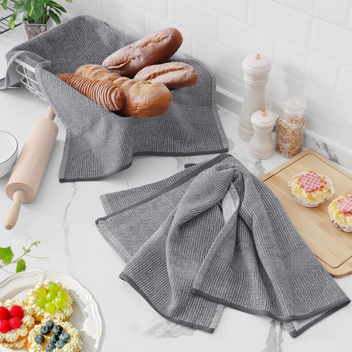 Homaxy Premium Kitchen Towels(18”x 28”, 6 Pack), Large Cotton Kitchen Hand Towels, Flat and Terry Dish Towels, 380 GSM Highly Absorbent Tea Towel Set with Hanging Loop, Grey