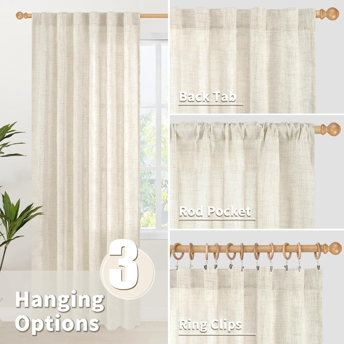 YoungsTex Linen Curtains 48 Inch Length for Kitchen, Semi Sheer Cream Window Drapes with Rod Pocket Back Tab Light Filtering Textured for Living Room Bedroom Bathroom, 2 Panels, 42 X 48 Inch