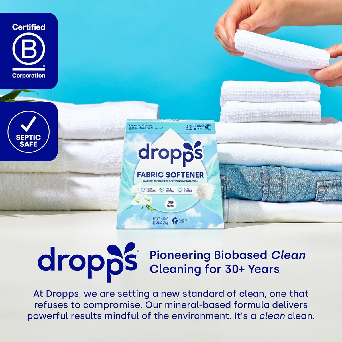 Dropps Laundry Fabric Softener Pods, Crisp Breeze (64 Pods) - Laundry Additive for Softening & Protection - HE Compatible Mineral Based Ingredients Laundry Supplies