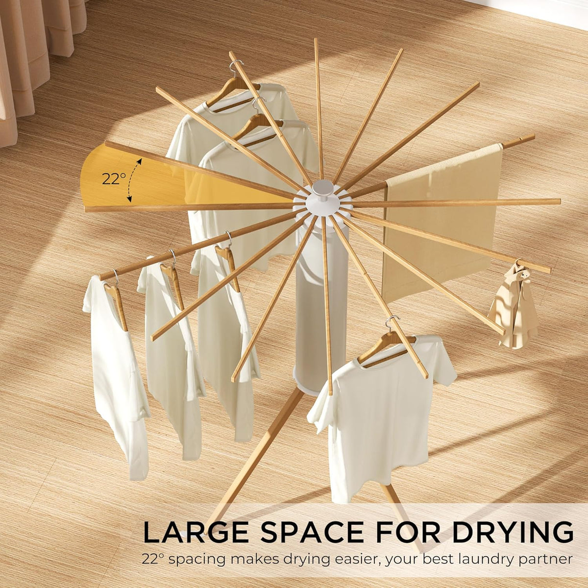Tripod Clothes Drying Rack, Garment Rack Portable and Foldable Space Saving Laundry Drying Rack - Dryer Rack Clothing Floor Folding Balcony Bedroom Household (Beige(Wood), 16 rods)