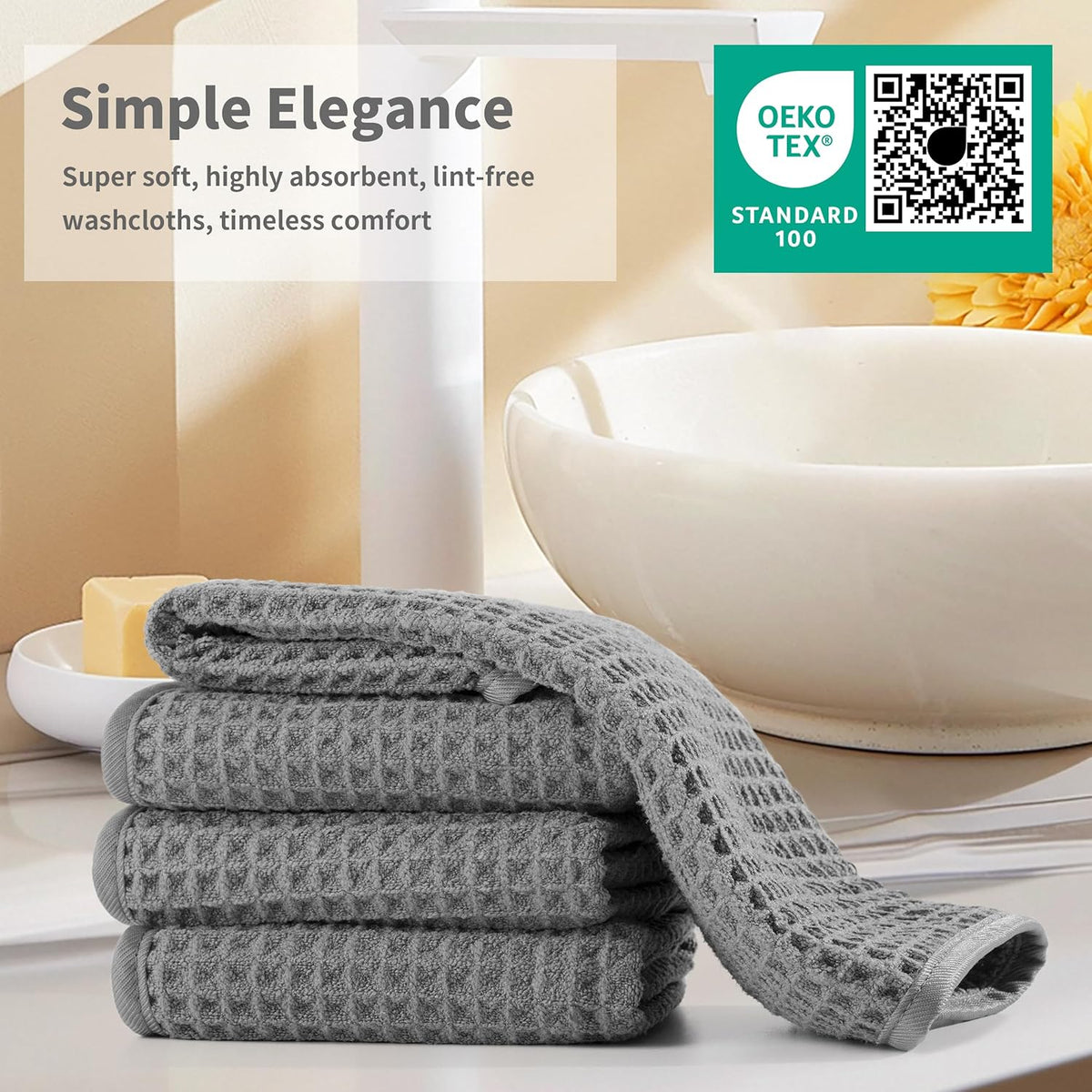 Microfiber Waffle Face Towels, 2 Pieces, Soft, Absorbent, Fast Drying, Lint Free (Gray)