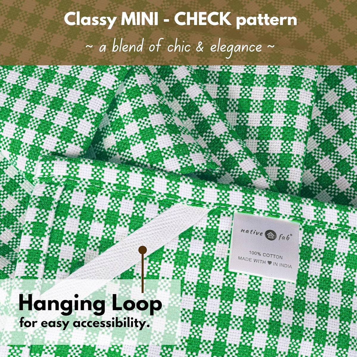 Native Fab Set of 12 Gingham Mini Check Kitchen Towels 16"x26" - Cotton Dish Towels - Soft Absorbent Hand Towels with Hanging Loop, Washcloths for Quick Drying, Cleaning - Green White