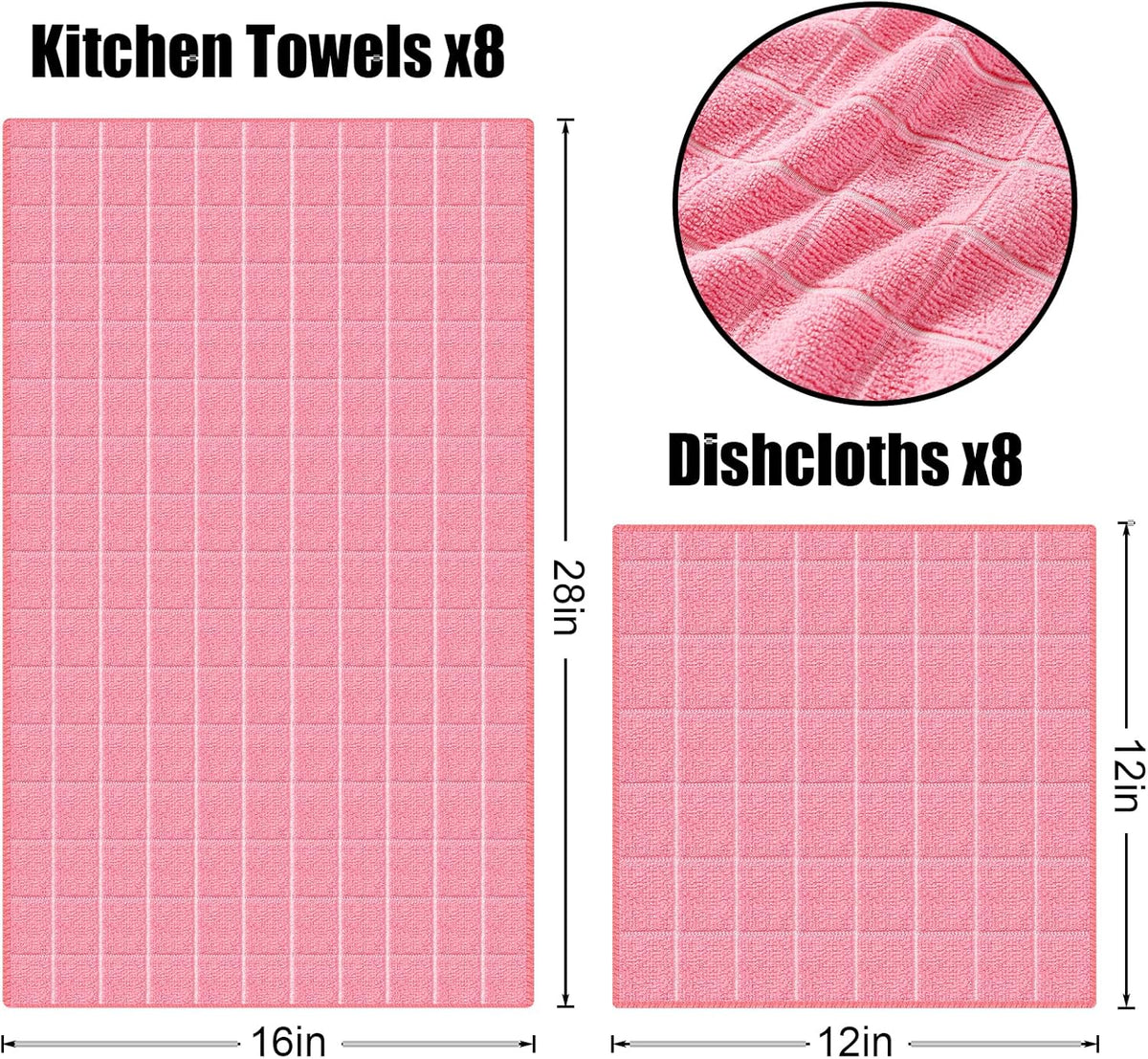Homaxy Microfiber Kitchen Towels and Dishcloths Set, 16 Pack Soft and Absorbent Dish Hand Towels Bulk, 28 x 16 Inch & 12 x 12 Inch Quick Drying Rags for Washing Dishes, Pink