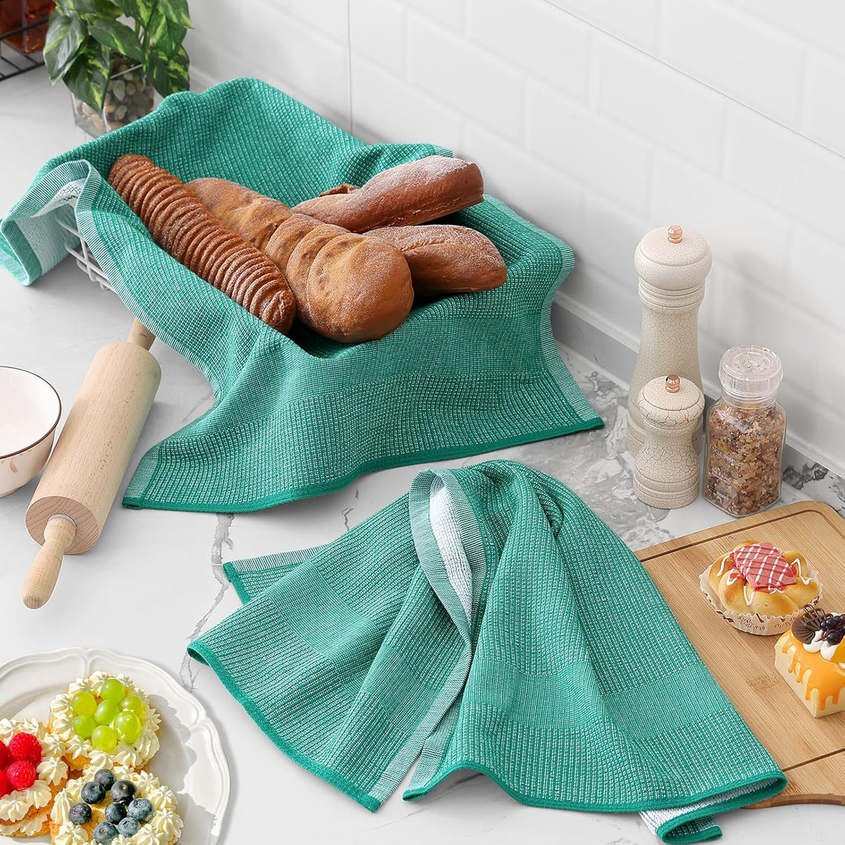 Homaxy Premium Kitchen Towels(18”x 28”, 6 Pack), Large Cotton Kitchen Hand Towels, Flat and Terry Dish Towels, 380 GSM Highly Absorbent Tea Towel Set with Hanging Loop, Green