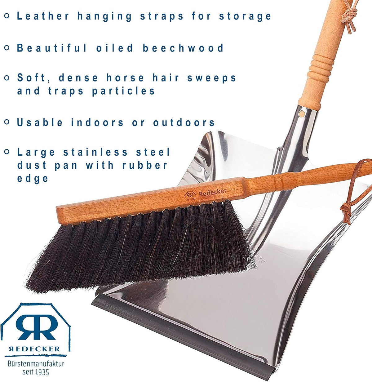 REDECKER Horsehair Fiber Hand Brush and Dust Pan Set - Wooden Broom and Dustpan Set for Home - Outdoor Dust Pan and Brush - Oiled Beechwood Handles - Large Capacity Stainless Steel Dust Pan
