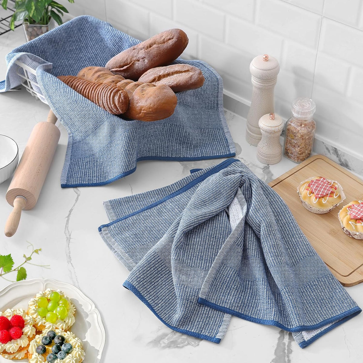 Homaxy Premium Kitchen Towels(18”x 28”, 6 Pack), Large Cotton Kitchen Hand Towels, Flat and Terry Dish Towels, 380 GSM Highly Absorbent Tea Towel Set with Hanging Loop, Navy Blue/Khaki/Black