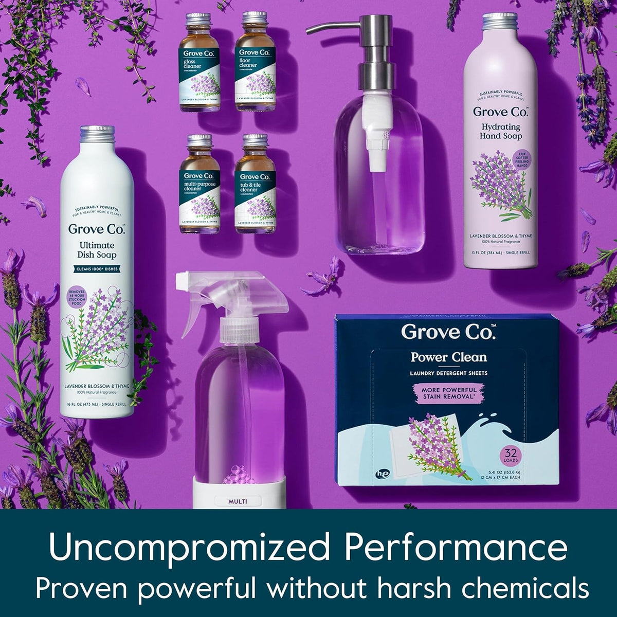Grove Co. Multi-Purpose Cleaner, Refill Concentrate (2 x 1 Oz) + Glass Spray Bottle (16 Oz), Plant-based Household Cleaning Supplies Bundle, No Plastic Waste, Natural Lavender Blossom & Thyme Scent